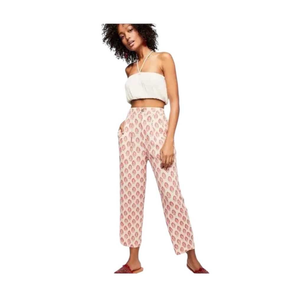 Free People Magdalene Print Pant Rayon Pink Cream Pattern Straight Size 10